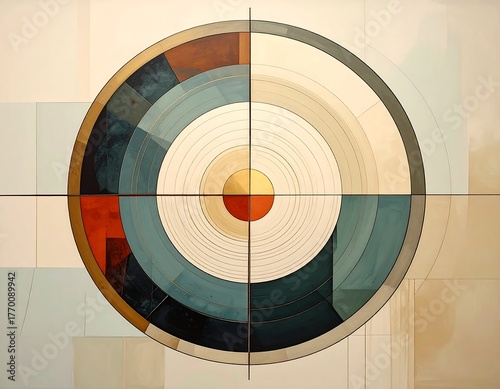 A concentric circle design with segmented colors, divided by vertical and horizontal lines