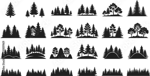 Forest tree silhouette set, pine and spruce vector collection, woodland landscape illustration, outdoor nature design, evergreen trees graphic, black forest scenery elements
