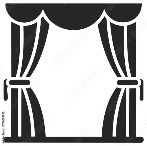 Stylized Black Theater Stage Curtain with Valance and Tie-Backs