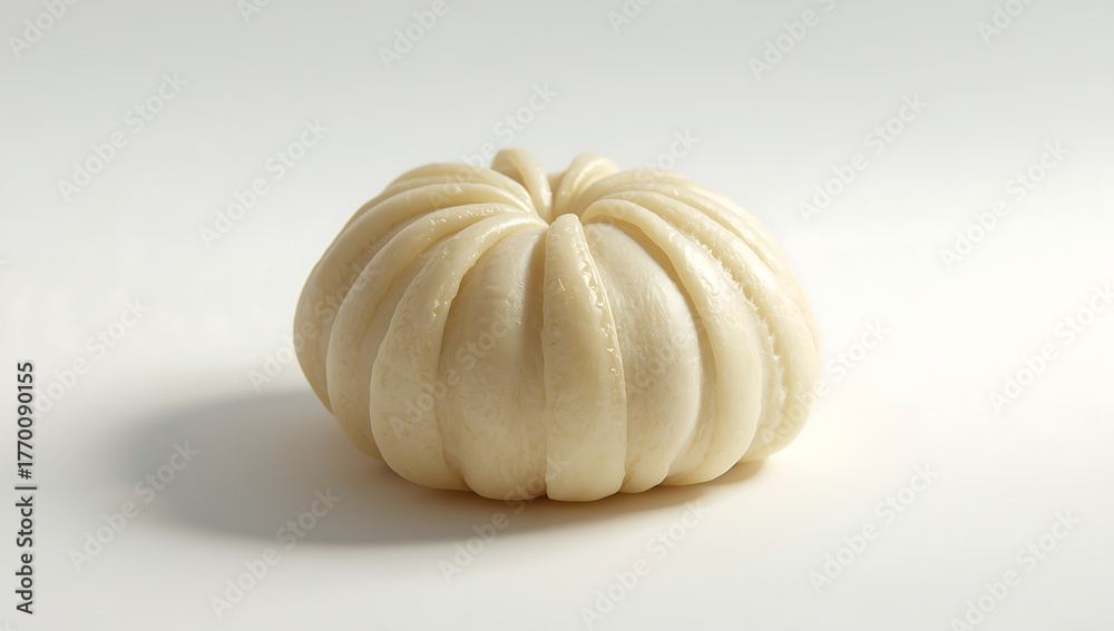 Fototapeta premium Steamed bao bun with delicate folds and soft texture, isolated on light background, Asian traditional cuisine food photography perfect for restaurant and culinary design