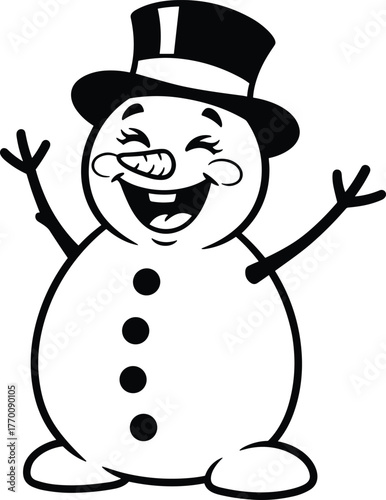 Happy snowman illustration with top hat and carrot nose, cheerful winter holiday character design, black and white cartoon art for Christmas decoration and greeting