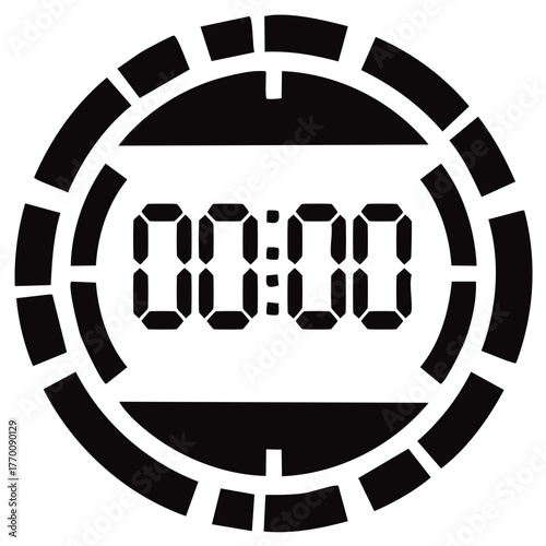 Minimalist black digital timer icon showing zero minutes and zero seconds within a segmented circular frame