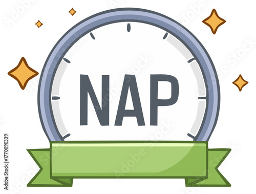 Nap time clock icon with green ribbon and sparkles illustration for sleep and rest concept