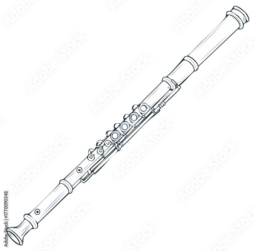 Detailed sketch illustration of a silver concert flute, a classic woodwind musical instrument