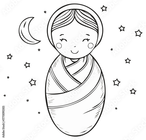 Cute baby wrapped in blanket with moon and stars