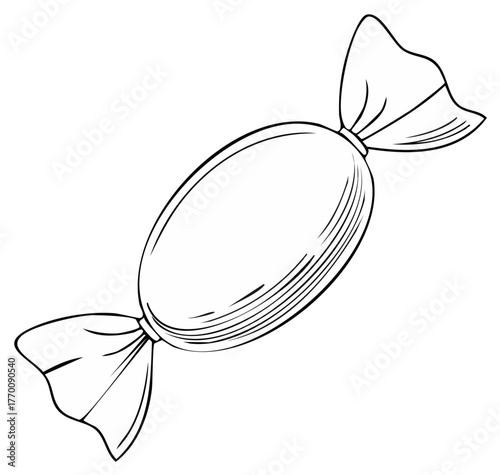 Line art illustration of oval candy wrapped with tied wrapper ends, sweet dessert