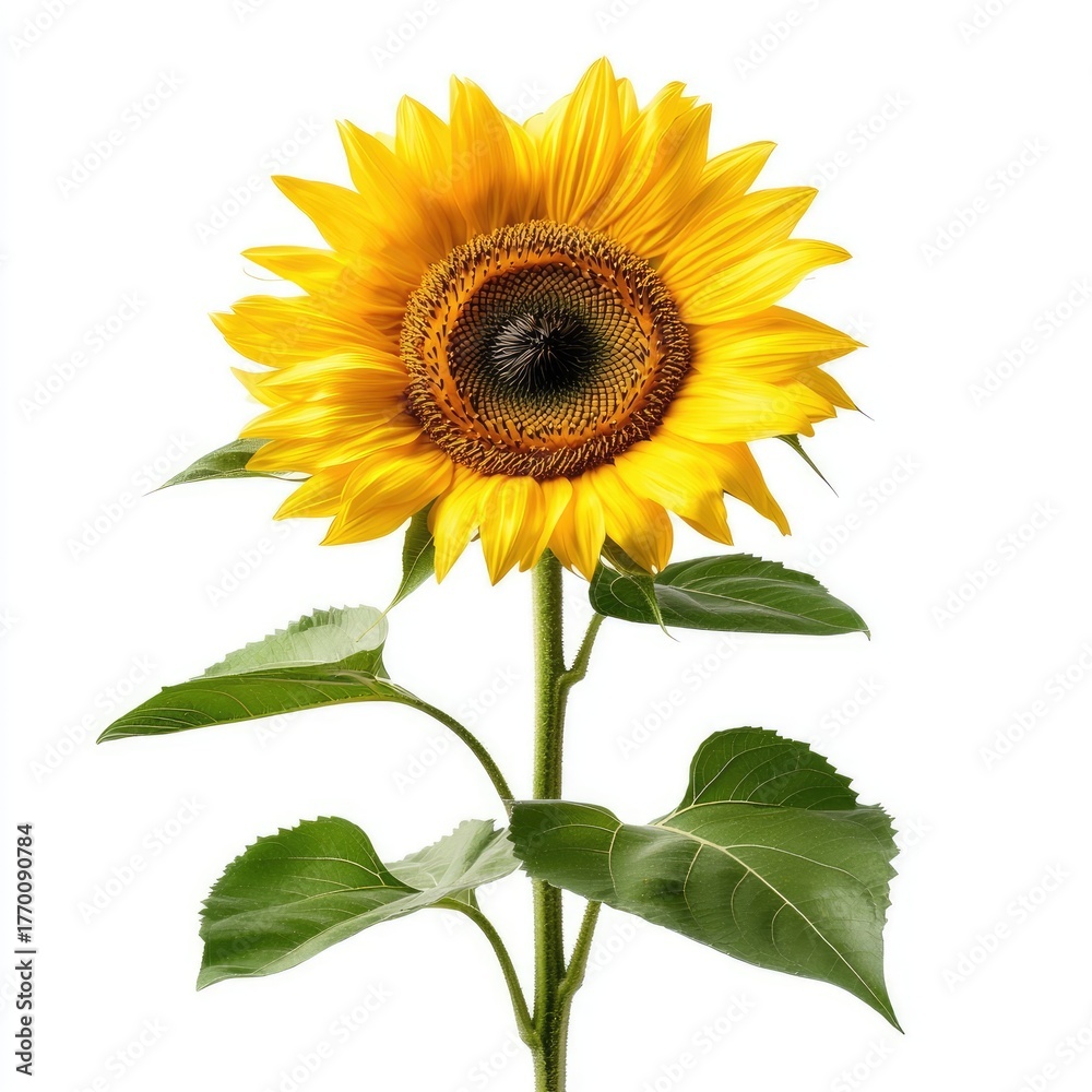 Obraz premium Beautiful single sunflower with vibrant yellow petals and green leaves against a white background for natural beauty concepts