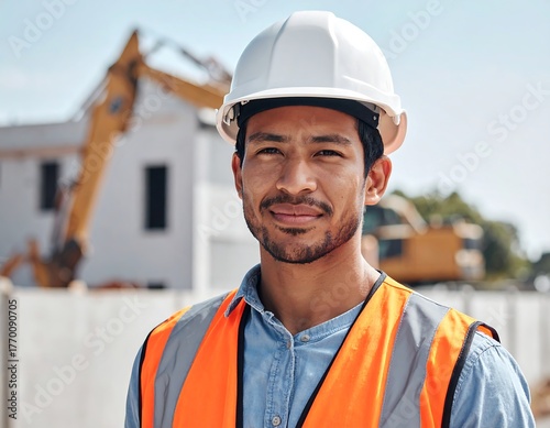 A construction worker smiling with a building site background