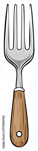 Cartoon illustration of a classic four pronged metallic fork with a rustic wooden handle design