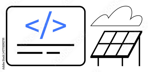 Coding symbol on screen beside solar panel and cloud. Ideal for technology, renewable energy, environment, sustainability, innovation, programming, green solutions. Represents simple flat metaphor