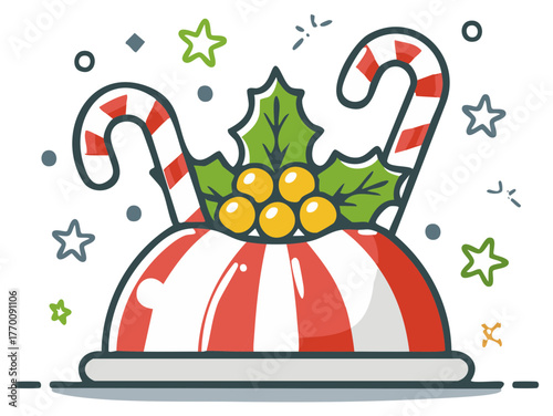 Festive Christmas pudding with striped candy canes and holly berries arrangement vector illustration