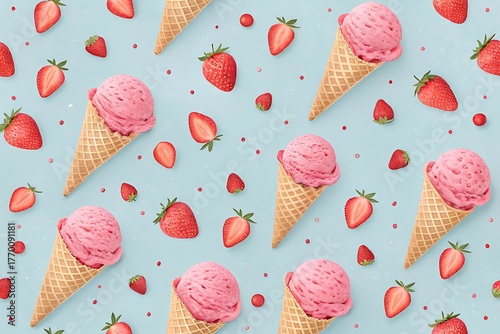 pink strawberry ice cream pattern on pastel blue background