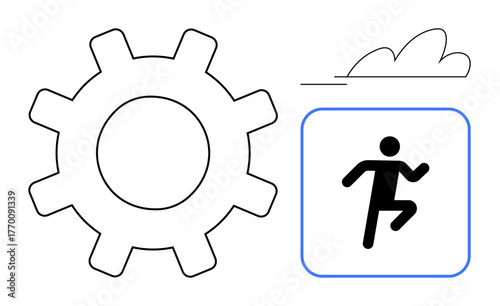Gear and running person reflect innovation, teamwork, speed, and productivity. Simple design evokes dynamism, creativity, and cloud-connected progress. Ideal for work, energy industry technology