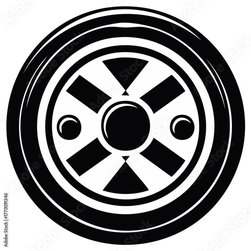 Bold black and white vector illustration of a stylized vehicle wheel with a distinct spoke pattern and central hub icon