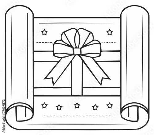 Festive Gift Wrapped Box With Stars and Scroll Outline Illustration