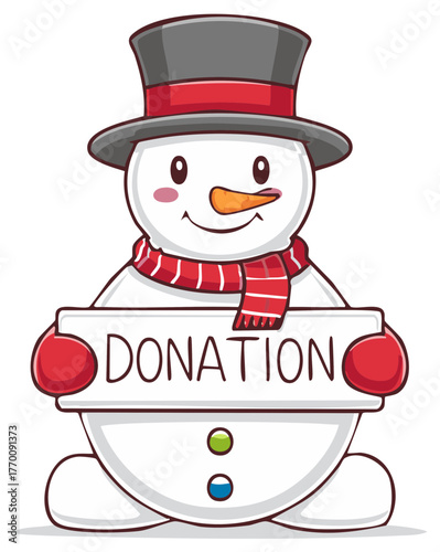 Cute cartoon snowman with a top hat and scarf holding a donation sign for a holiday charity drive
