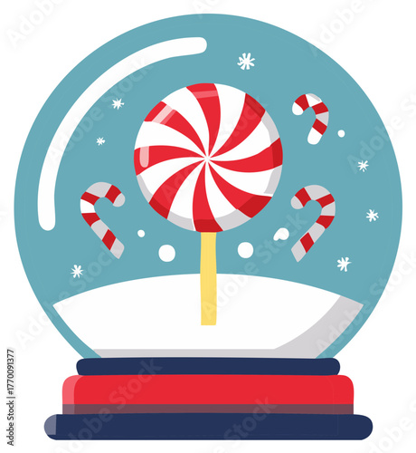Whimsical Christmas snow globe with peppermint lollipop, candy canes, and falling snowflakes in a festive winter scene