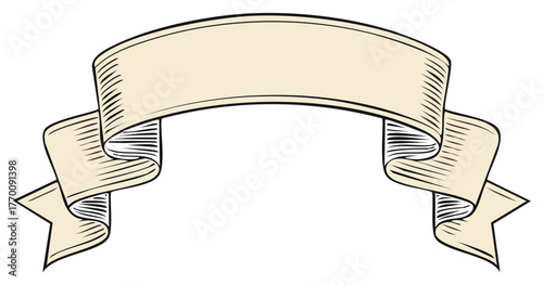 Elegant blank ribbon banner in vintage engraving style with decorative curves