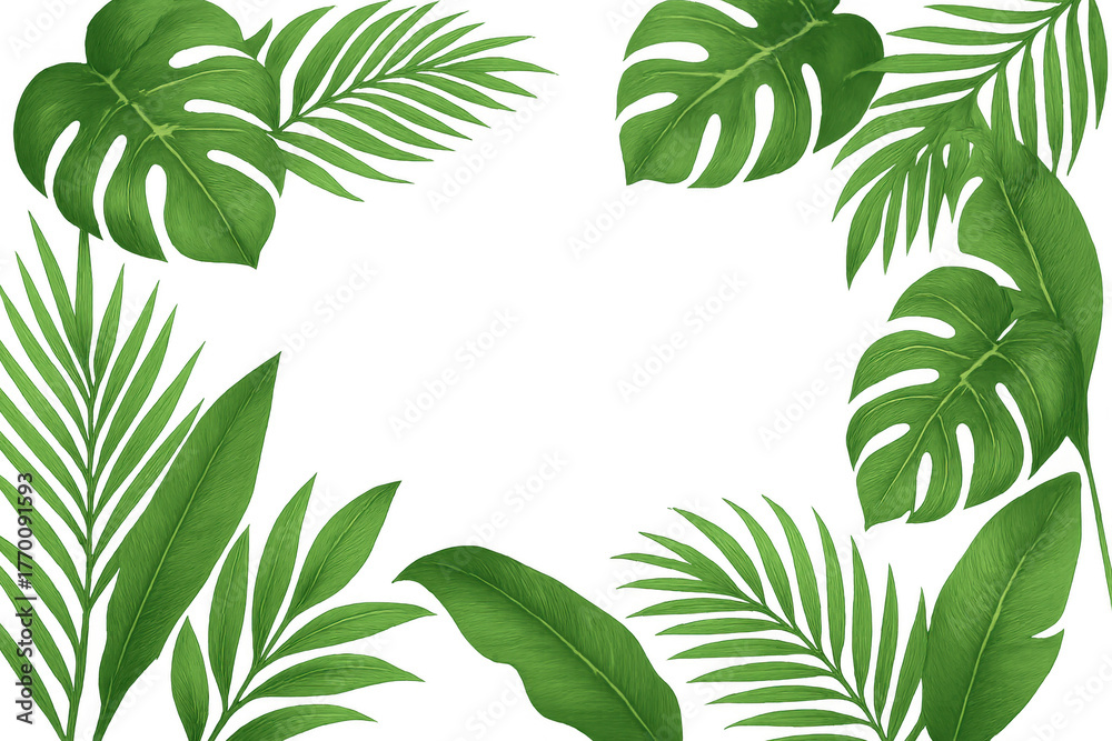 Naklejka premium Lush tropical leaves forming frame with monstera and palm fronds, botanical border on transparent background for nature designs