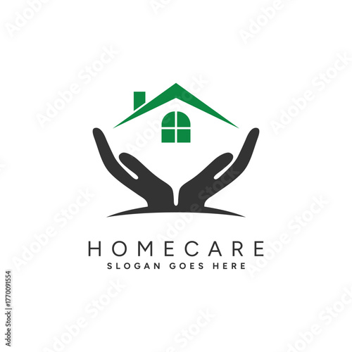 Home Care Logo Design With Hand and House Roof Icon
