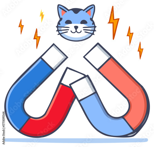 Cute cartoon cat face levitating with powerful horseshoe magnets attracting
