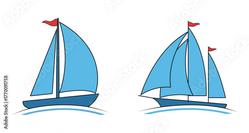 Sailing boats with sails and red flags vector illustration for marine adventure and ocean travel leisure activities