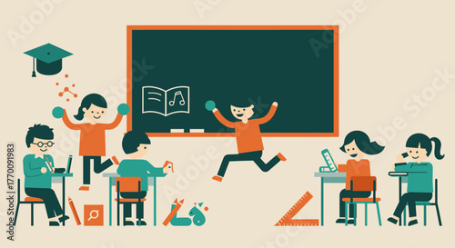 A vibrant illustration captures the energetic atmosphere of a modern classroom where children are happily engaged in both learning and playful activities.