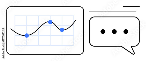 Line graph with plotted points alongside a speech bubble with ellipsis. Ideal for analytics, data-driven communication, teamwork, discussions, feedback, collaboration, minimal style. Simple flat