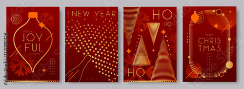 Set of Christmas holiday flat posters on red background. Line art vector illustration. Futuristic Christmas greeting card design. Vector illustration