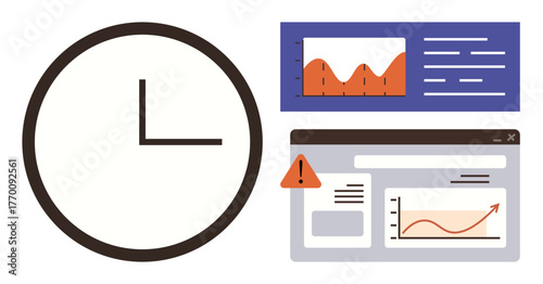 Clock alongside analytical dashboards with charts, graphs, and warning alerts. Ideal for time management, productivity, analytics, planning, organization, efficiency project tracking in simple flat