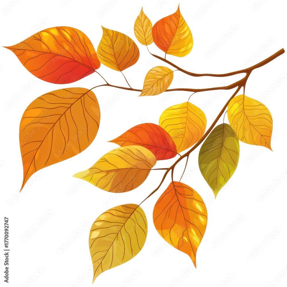 Fototapeta premium Autumnal twigs with small leaves in hand drawn style. Fall nature decoration icon. Flat isolated illustration on white