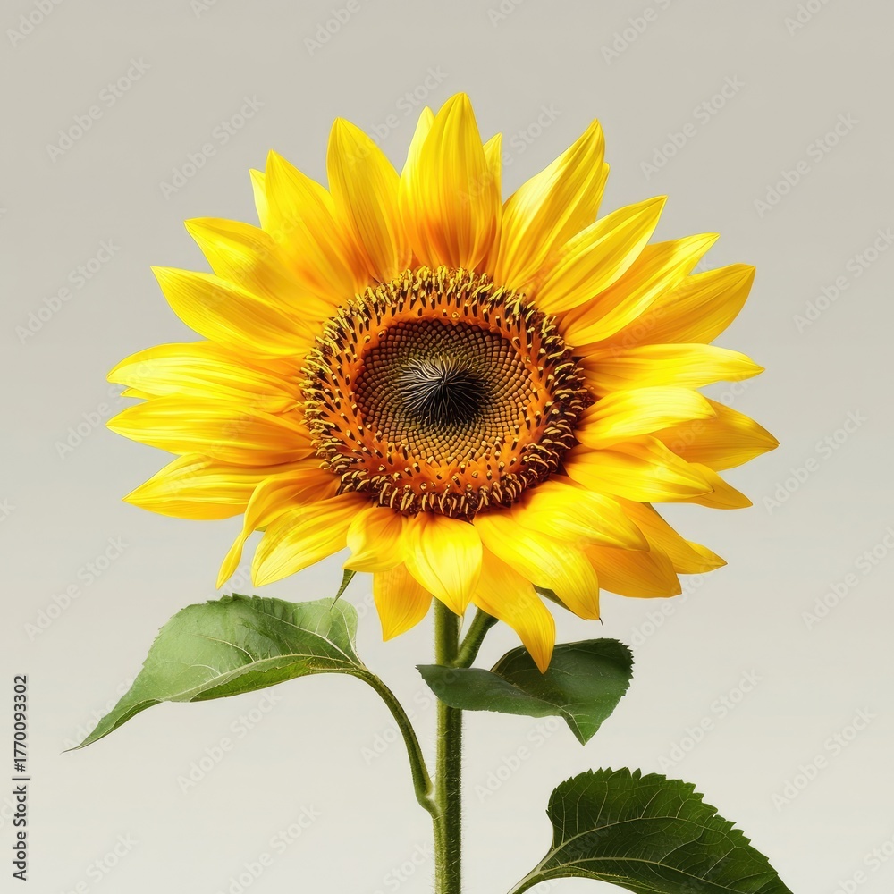 Obraz premium Bright and Vibrant Sunflower with Lush Green Leaves Against Soft Gray Background