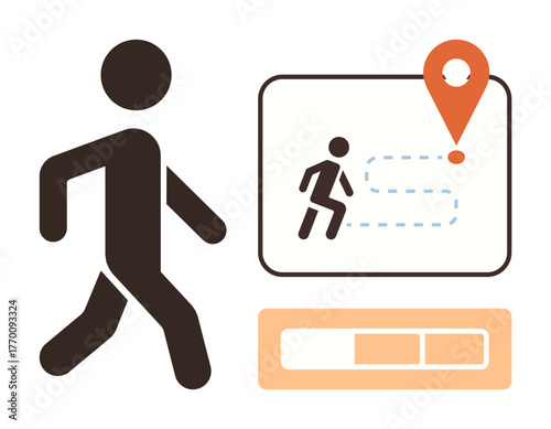 Person walking with path, map marker and progress bar symbolizing navigation, personal fitness, progress monitoring. Ideal for travel, GPS, fitness, goals, journey direction simple flat metaphor