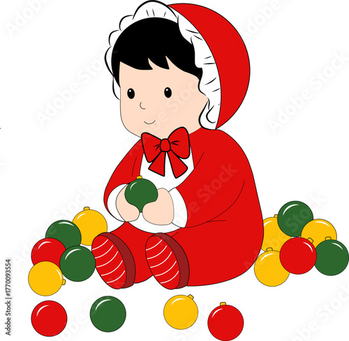 Adorable baby in red Christmas outfit holding colorful ornaments. Sweet festive cartoon vector for holiday cards, decorations, and winter designs.