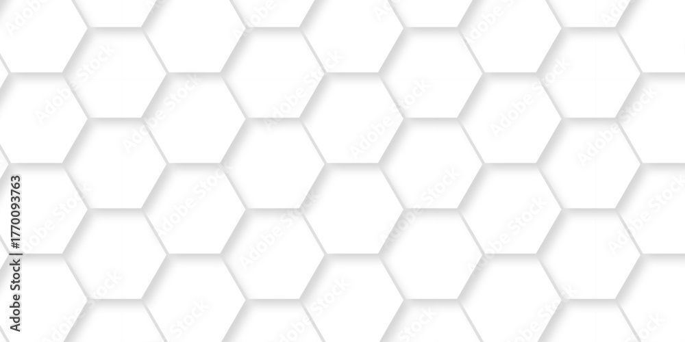 Fototapeta premium Emboss vector web hexagonal white technology line paper background. Hexagonal grid tile mosaic structure mess cell design. white and gray hexagon honeycomb texture. 