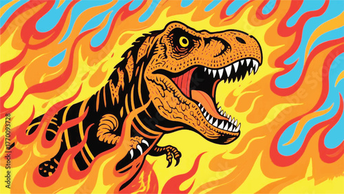 Trex Monster With Burning Hot Flames Illustrator Artwork Banner Background Design Template 