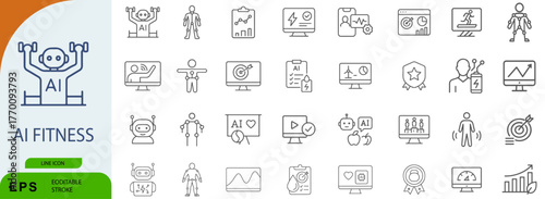 AI fitness icon set. Editable vector illustration of artificial intelligence in health, exercise, and biometric tracking. EPS smart training pack