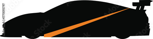 Dynamic black racing car silhouette with orange stripe isolated on white background, symbolizing highspeed competition and automotive performance