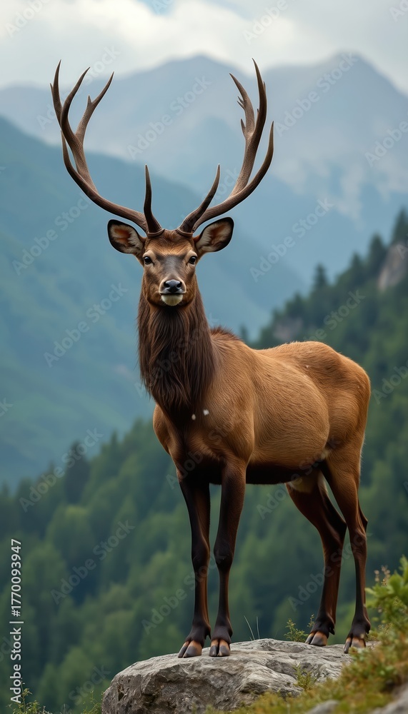 Naklejka premium Majestic elk with antlers stands on mountain ridge. Wild deer is animal with brown fur, looking at camera. Green forest background in scenery landscape with mountains.