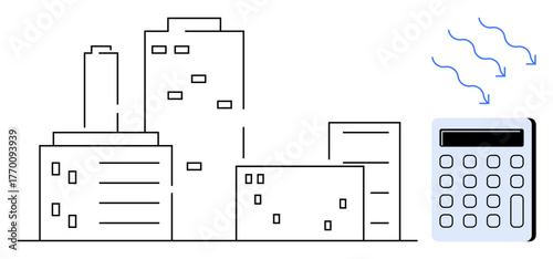 Skyscrapers with abstract calculator and flow lines. Ideal for finance, real estate, architecture, urban planning, accounting, business strategy, education. Clean design with simple flat metaphor