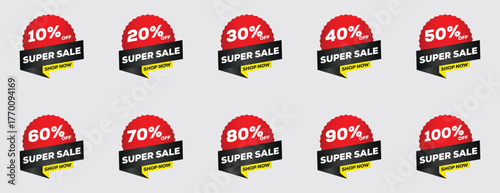 Sale and Price Tag Line Icons Set – Discount, Promotion, and Shopping Vector Collection (10%-100% Off, Red & Black)