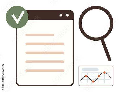 Magnifying glass, checklist with green checkmark, and graph chart symbolizing research, approval, progress tracking, data analysis, quality control, auditing, and decision-making in a simple flat