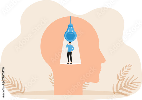 Smart thinking and creative mindset or emotional intelligence, smart thinking or psychology concept of wisdom or intuition in genius brain, businessman turning on light bulb idea in his genius head

