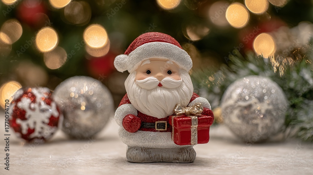 Obraz premium Cozy Christmas holiday scene with a cute Santa Claus figurine surrounded by festive ornaments and a tiny red gift box in warm glowing lights cheerful seasonal decoration for winter celebration
