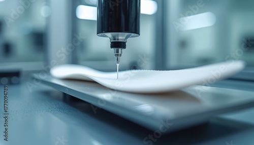 Advanced tech machinery sculpts shoe insole in workshop. Cutting edge equipment used during insole production. Modern factory setting shows automated process in progress. Precision footwear