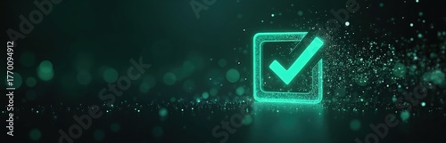Green glowing checkmark symbol in square box appears on dark background. Digital particles flow around verified icon. Abstract graphic represents completion, success, confirmation, security,
