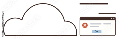 Cloud with browser window displaying error notification, button. Ideal for technology, IT support, data recovery, cybersecurity, troubleshooting, cloud services workflow. Simple flat metaphor