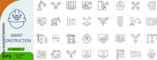 Smart construction icon set. Editable vector illustration of robotics, automation, and digital tools in building technology. EPS line style pack