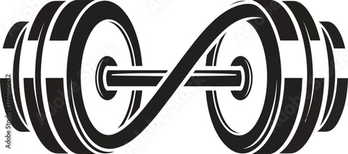 Black and white vector illustration of a dumbbell with an infinity symbol design for fitness goals and workout motivation showcasing strength and endurance