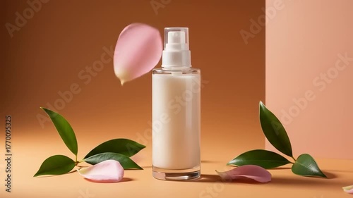 Elegant Display of Natural Beauty: A Glass Bottle with Rose Petals and Green Leaves